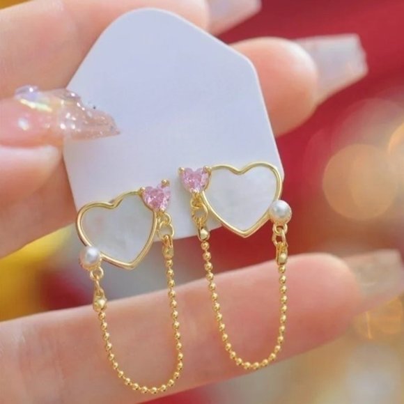 SWEET HEART SHELL PEARLS EARRINGS COQUETTE KOREAN STYLE LOLITA PARTY CUTE ZIRCON - Picture 1 of 5